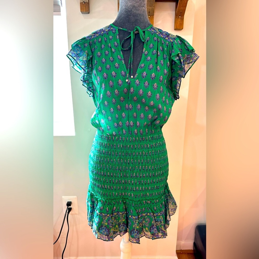 NWT Veronica Beard Brindelle Smocked Cotton Mini Dress in Kelly Green Multi 4 - Picture 6 of 15
